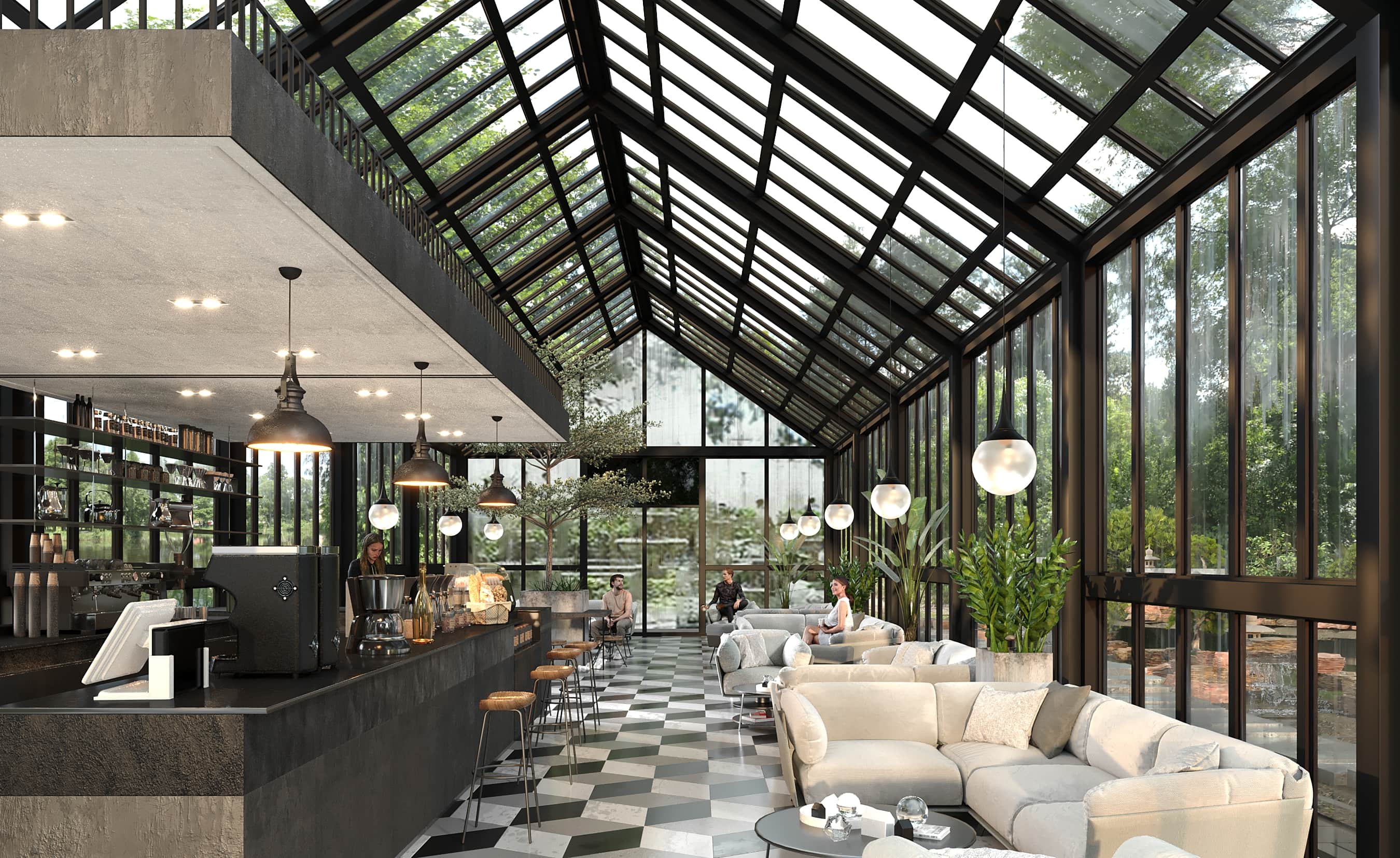 Glass-Walled Café Restaurant With Natural Light